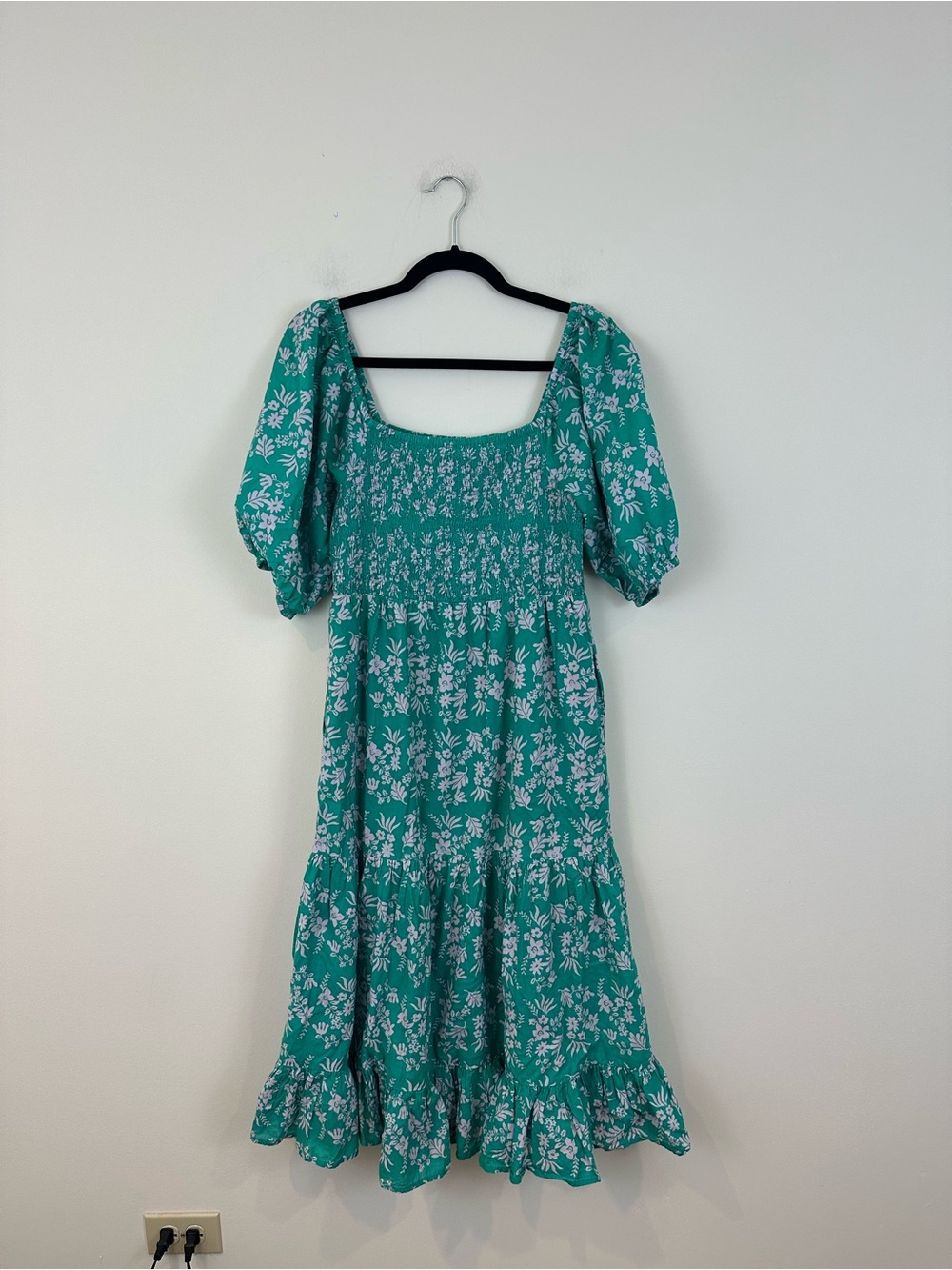 THML Boutique Teal Floral Puff-Sleeve Midi Dress Size Large Women's